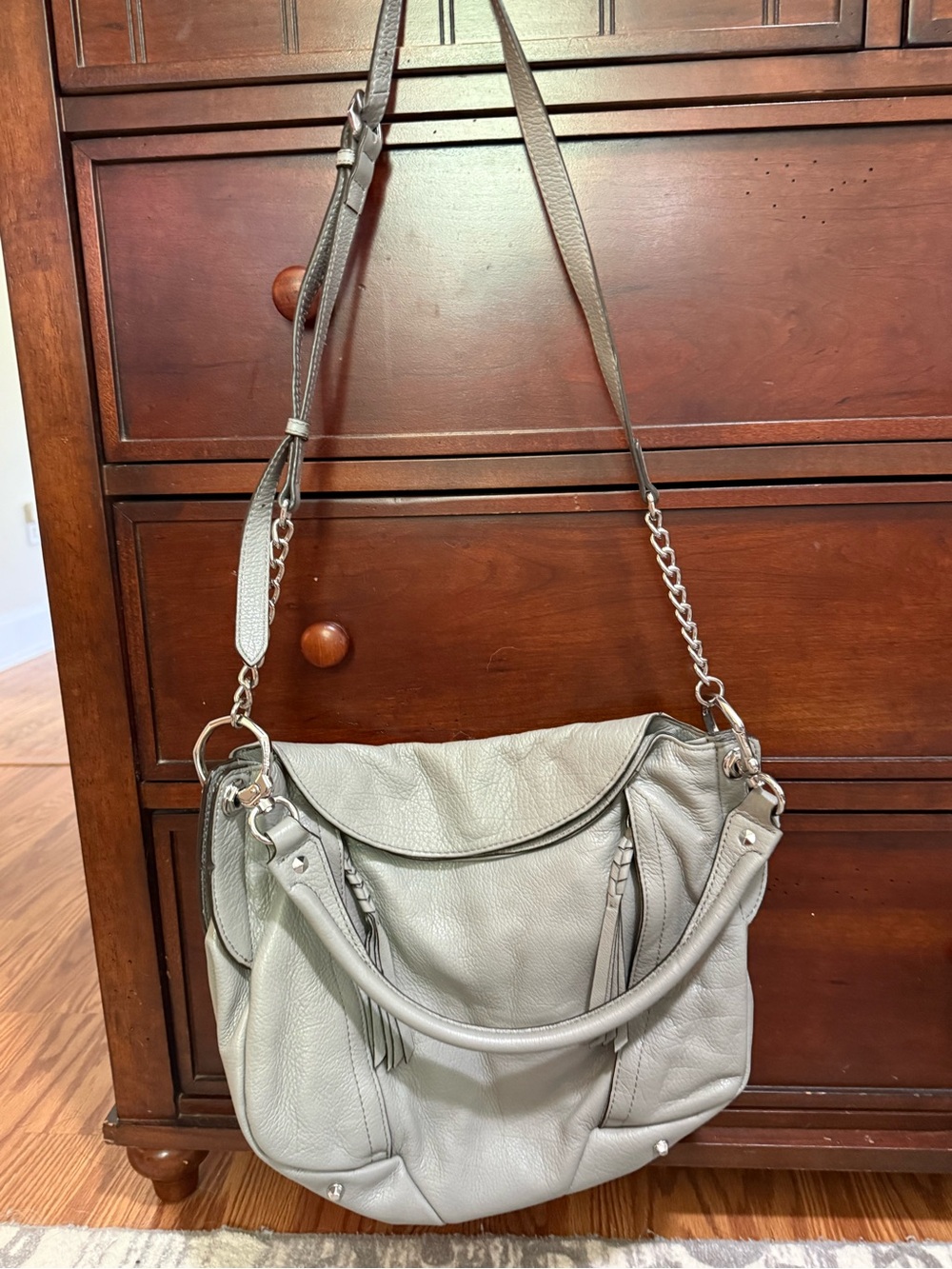 orYANY Light Gray Leather Shoulder Bag with Tassel Details - Picture 1 of 4